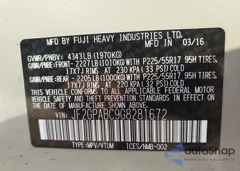 2016 Subaru Crosstrek 2.0I Premium from USA, damaged, VIN JF2GPABC9G8281672